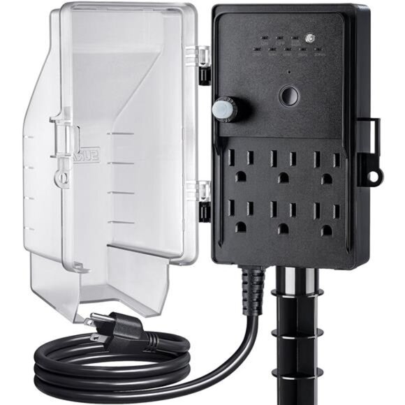 Outdoor Power Stake Light Timer, Dusk to Dawn, 6 Electrical Outlet Power Strip - Picture 1 of 8